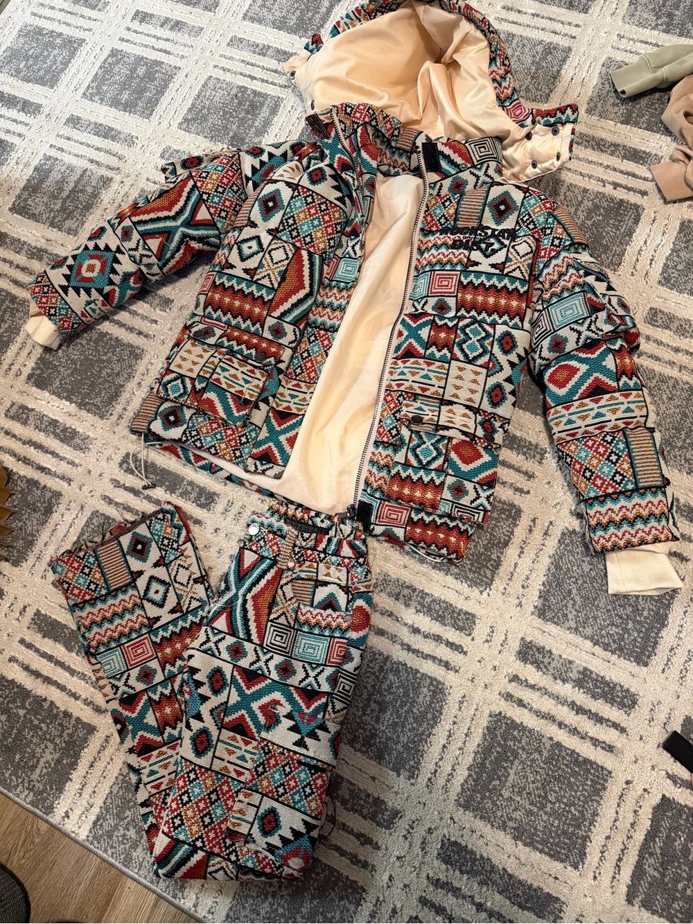 Kids Aztec Print Hooded Set - Teal & Cream